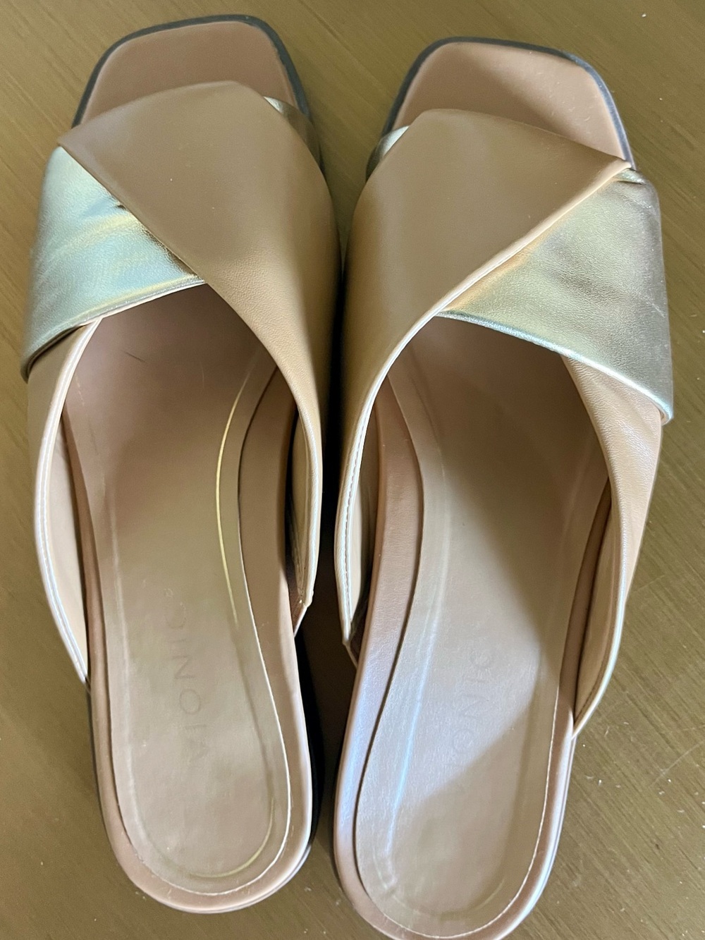 Vionic Taupe Cross-Band Slide Mules with Iridescent Accent